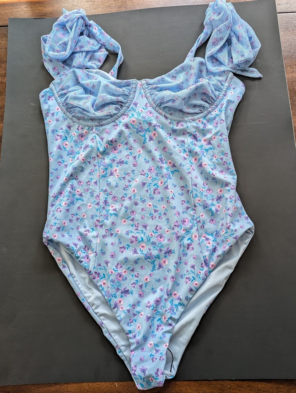 NWT Beachriot Blue Floral One Piece Bathing Suit With Bow Adjustable Strap. XL